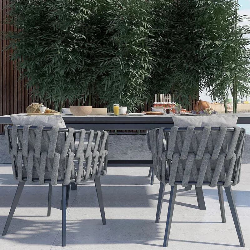 7 Pieces Aluminum Outdoor Dining Set with Extendable Ceramic Table and Woven Armchair#Gray
