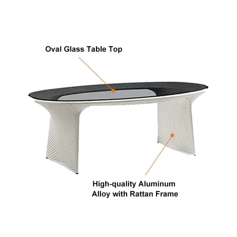 Ensemble de salle à manger d'extérieur traditionnel en aluminium, 7 pièces, avec Table ovale en verre, fauteuil en rotin