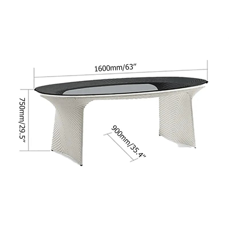 Ensemble de salle à manger d'extérieur traditionnel en aluminium, 7 pièces, avec Table ovale en verre, fauteuil en rotin