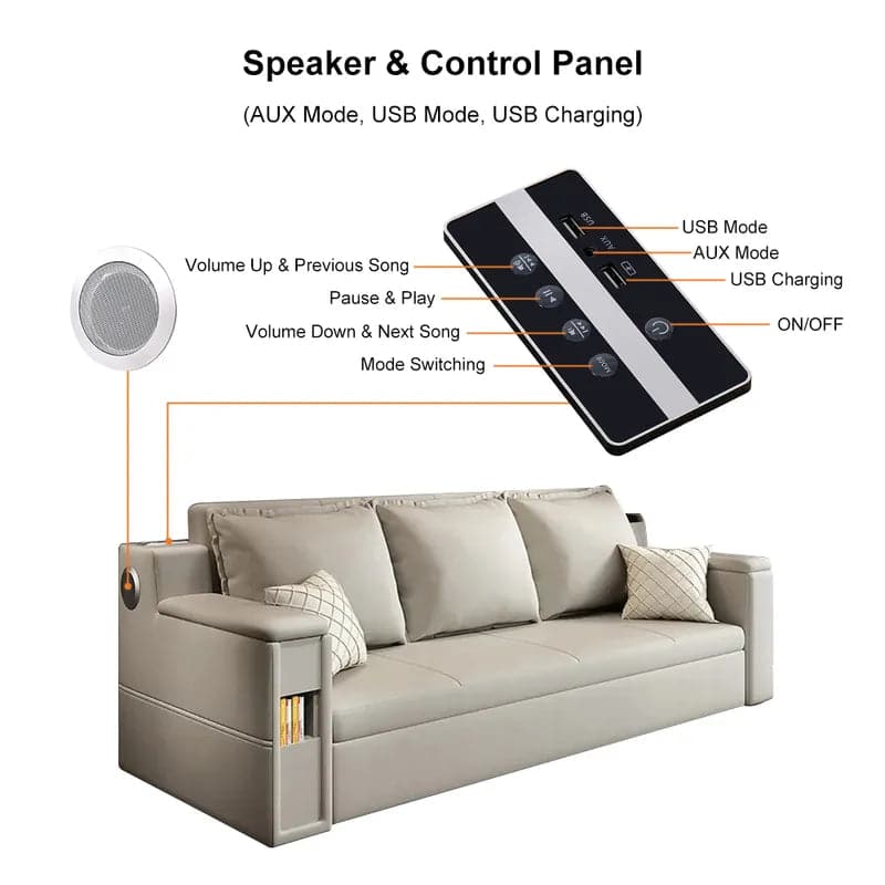 Lit convertible de 82,7 po, canapé-lit double, rangement rembourré Leath-aire avec haut-parleur