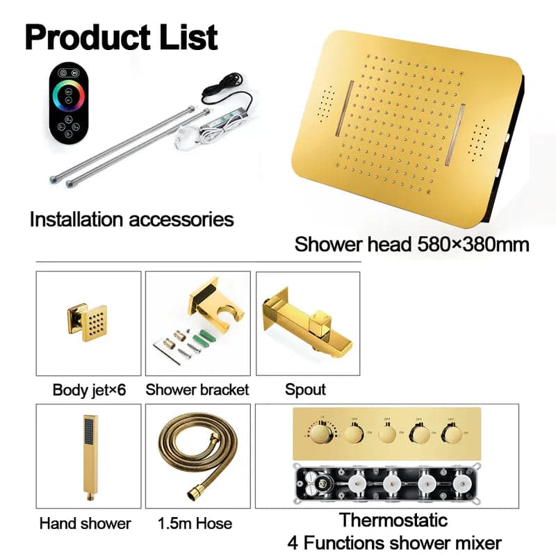 Wall-Mounted 23 Inch Thermostatic Shower System in Gold 4 Functions #Gold