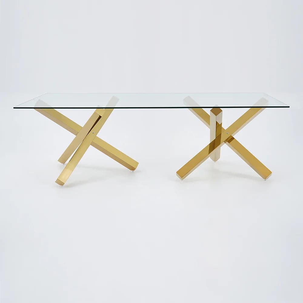 95" Modern Glass Dining Table with Double Pedestal in Gold