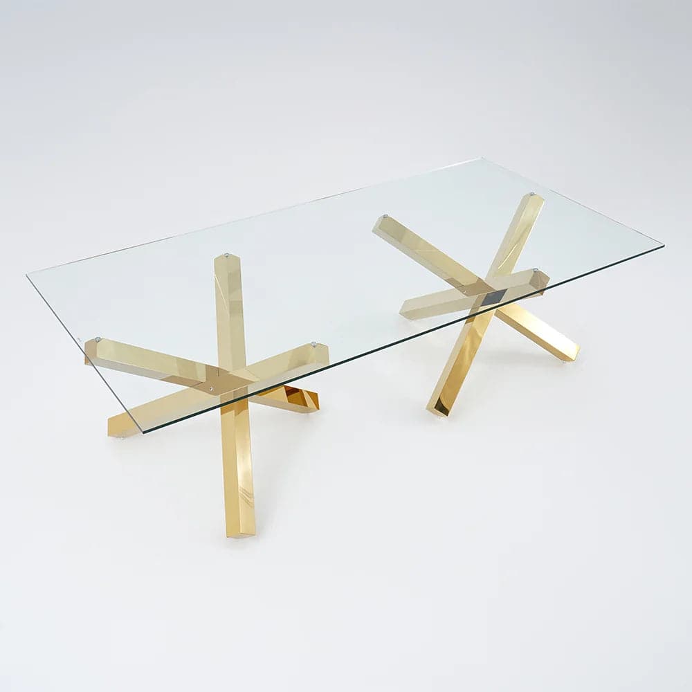 95" Modern Glass Dining Table with Double Pedestal in Gold