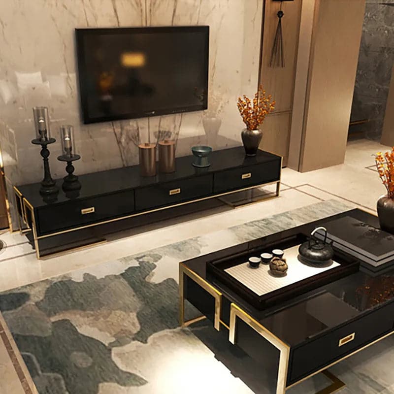 Meuble TV moderne Jocise blanc et or, console multimédia à 3 tiroirs