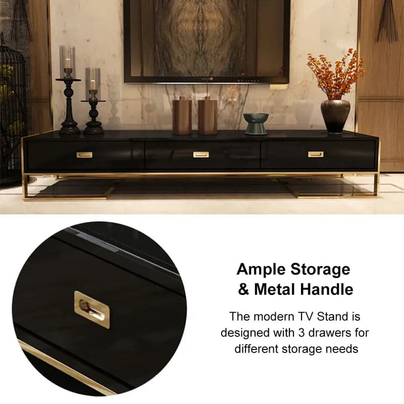 Meuble TV moderne Jocise blanc et or, console multimédia à 3 tiroirs