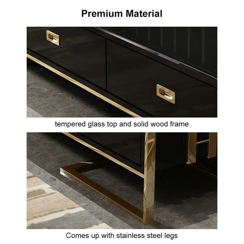 Meuble TV moderne Jocise blanc et or, console multimédia à 3 tiroirs