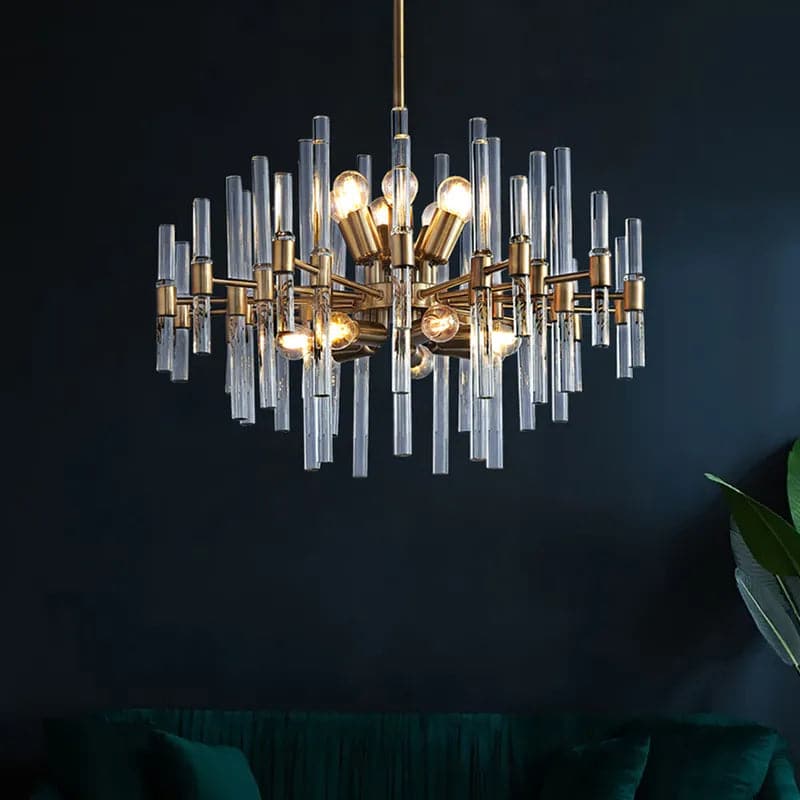 Contemporary 14-Light Glass Living Room Chandelier in Brass