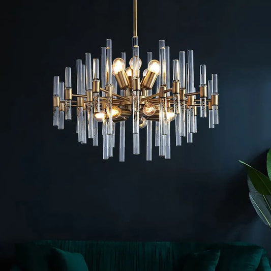 Contemporary 14-Light Glass Living Room Chandelier in Brass