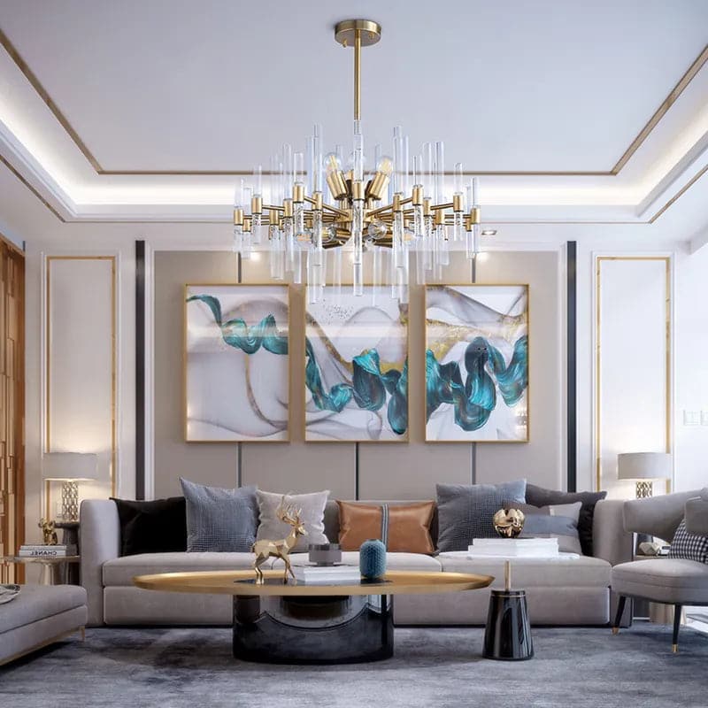 Contemporary 14-Light Glass Living Room Chandelier in Brass