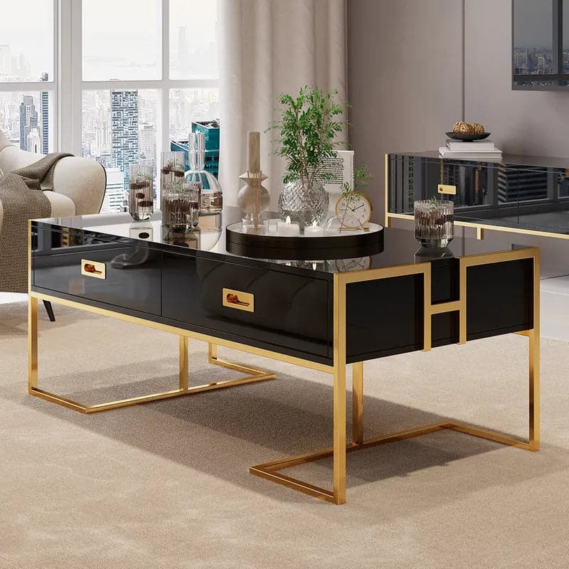 Contemporary Black Rectangular Coffee Table with Drawers Lacquer Gold Base#Black
