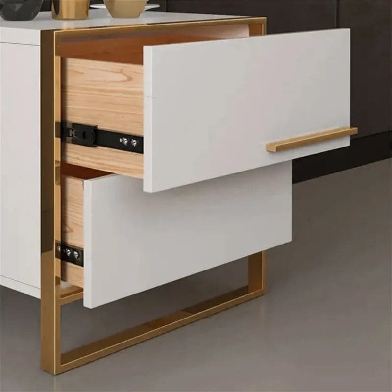 2-Drawer White Nightstand Minimalist Design in Gold