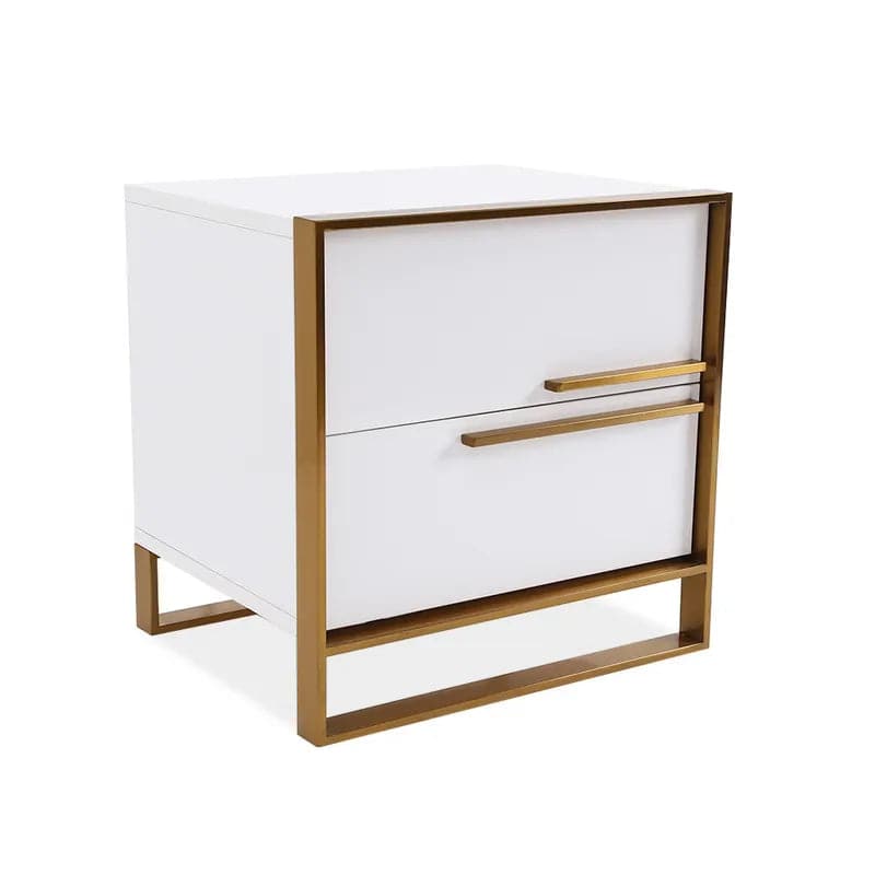 2-Drawer White Nightstand Minimalist Design in Gold