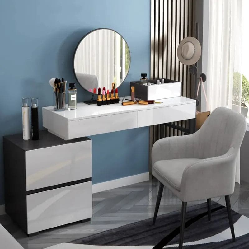Coiffeuse de maquillage extensible noir brillant et blanc avec miroir et armoire latérale