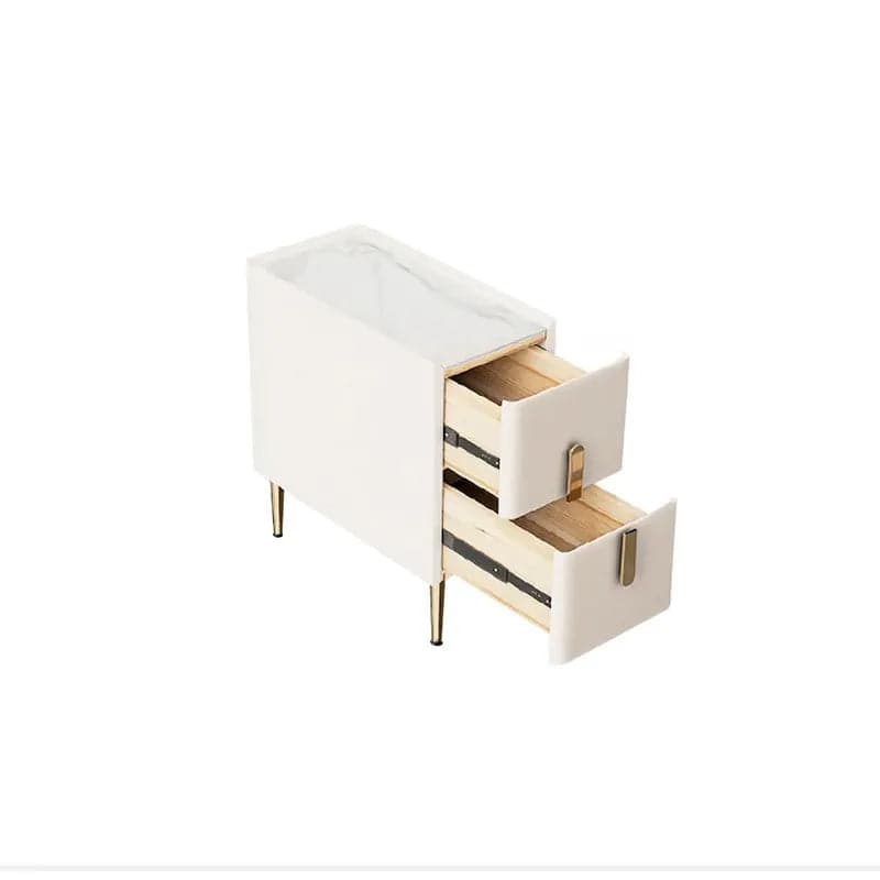 Table de chevet beige avec 2 tiroirs et pieds dorés, minimaliste