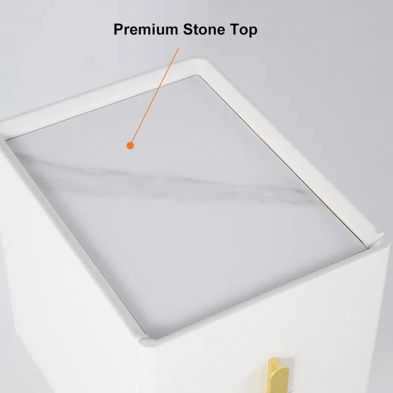 Table de chevet beige avec 2 tiroirs et pieds dorés, minimaliste