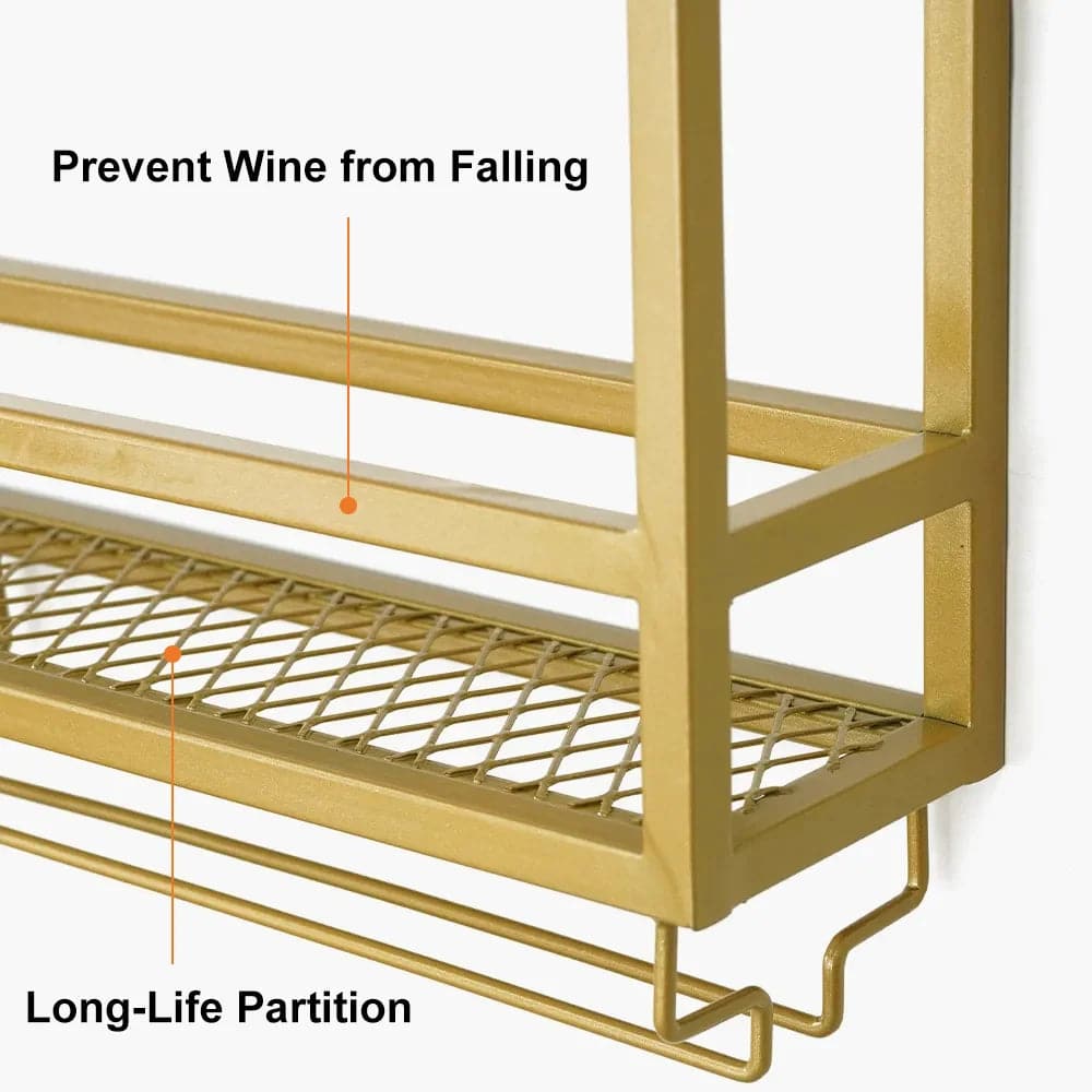 Industrial Wood and Metal Wall Mounted Gold Wine Rack with Glass and Bottle Rack