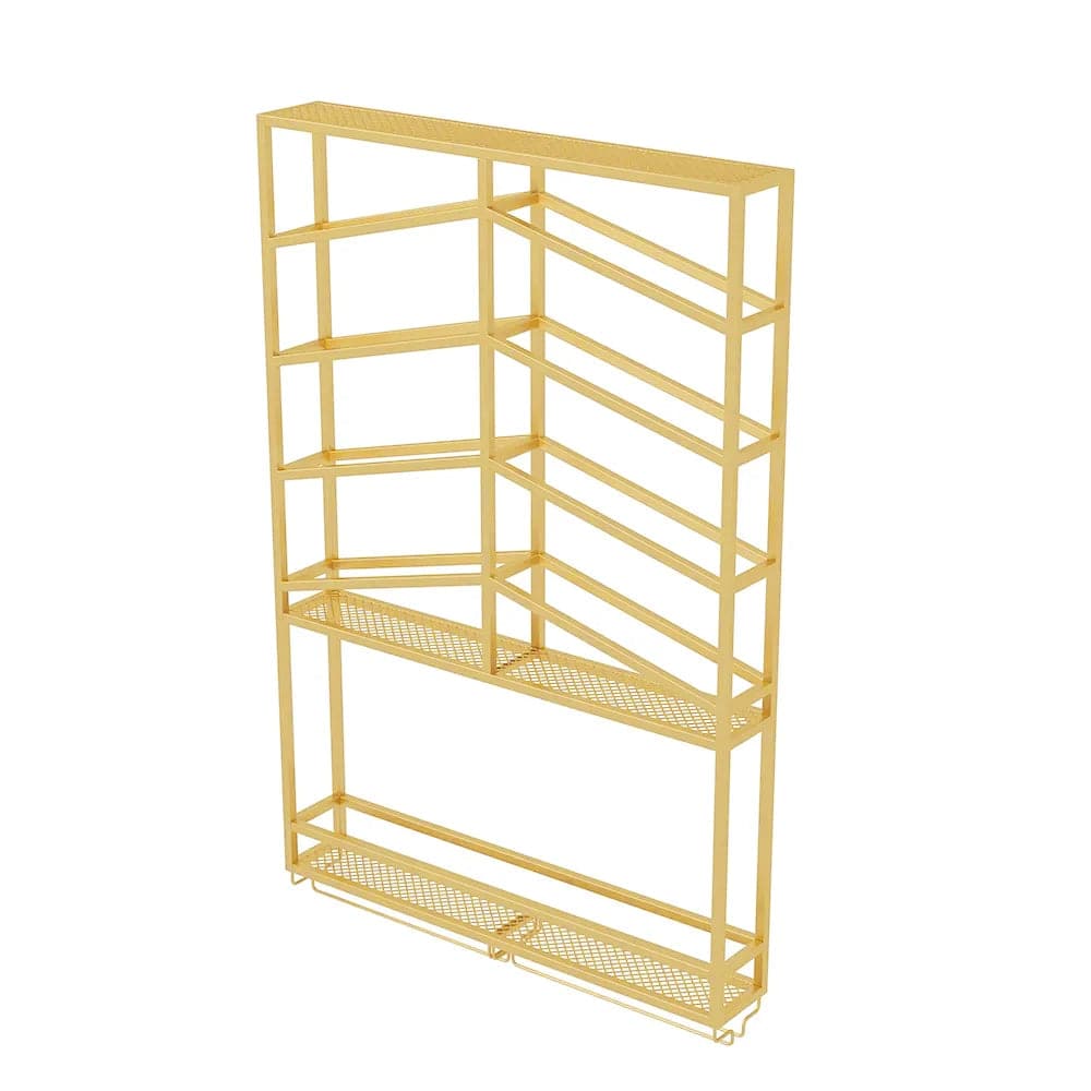 Industrial Wood and Metal Wall Mounted Gold Wine Rack with Glass and Bottle Rack