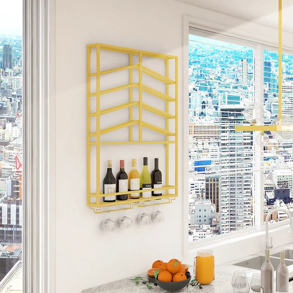 Industrial Wood and Metal Wall Mounted Gold Wine Rack with Glass and Bottle Rack