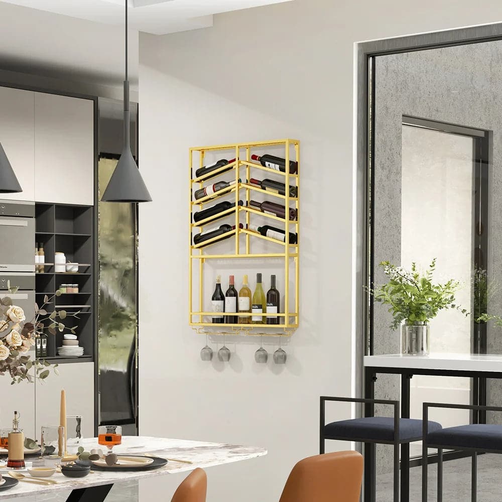 Industrial Wood and Metal Wall Mounted Gold Wine Rack with Glass and Bottle Rack