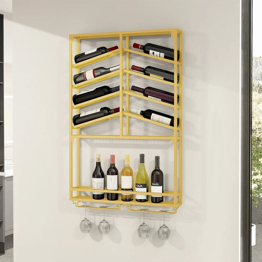Industrial Wood and Metal Wall Mounted Gold Wine Rack with Glass and Bottle Rack