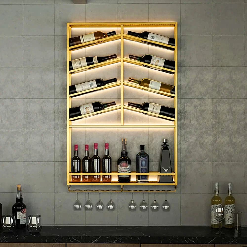Industrial Wood and Metal Wall Mounted Gold Wine Rack with Glass and Bottle Rack