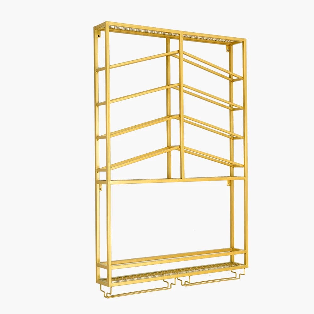 Industrial Wood and Metal Wall Mounted Gold Wine Rack with Glass and Bottle Rack