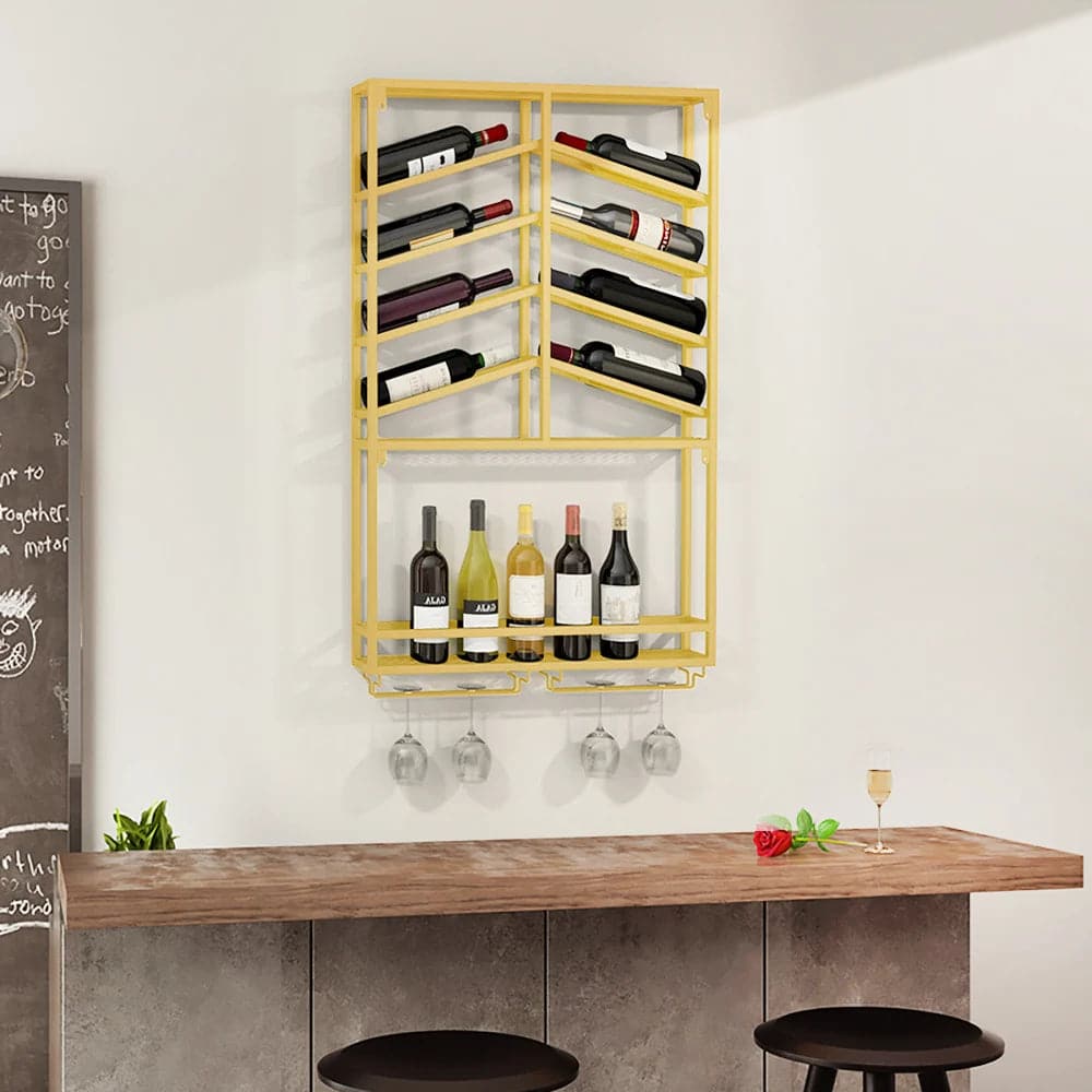 Industrial Wood and Metal Wall Mounted Gold Wine Rack with Glass and Bottle Rack