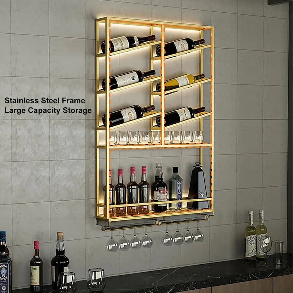 Industrial Wood and Metal Wall Mounted Gold Wine Rack with Glass and Bottle Rack