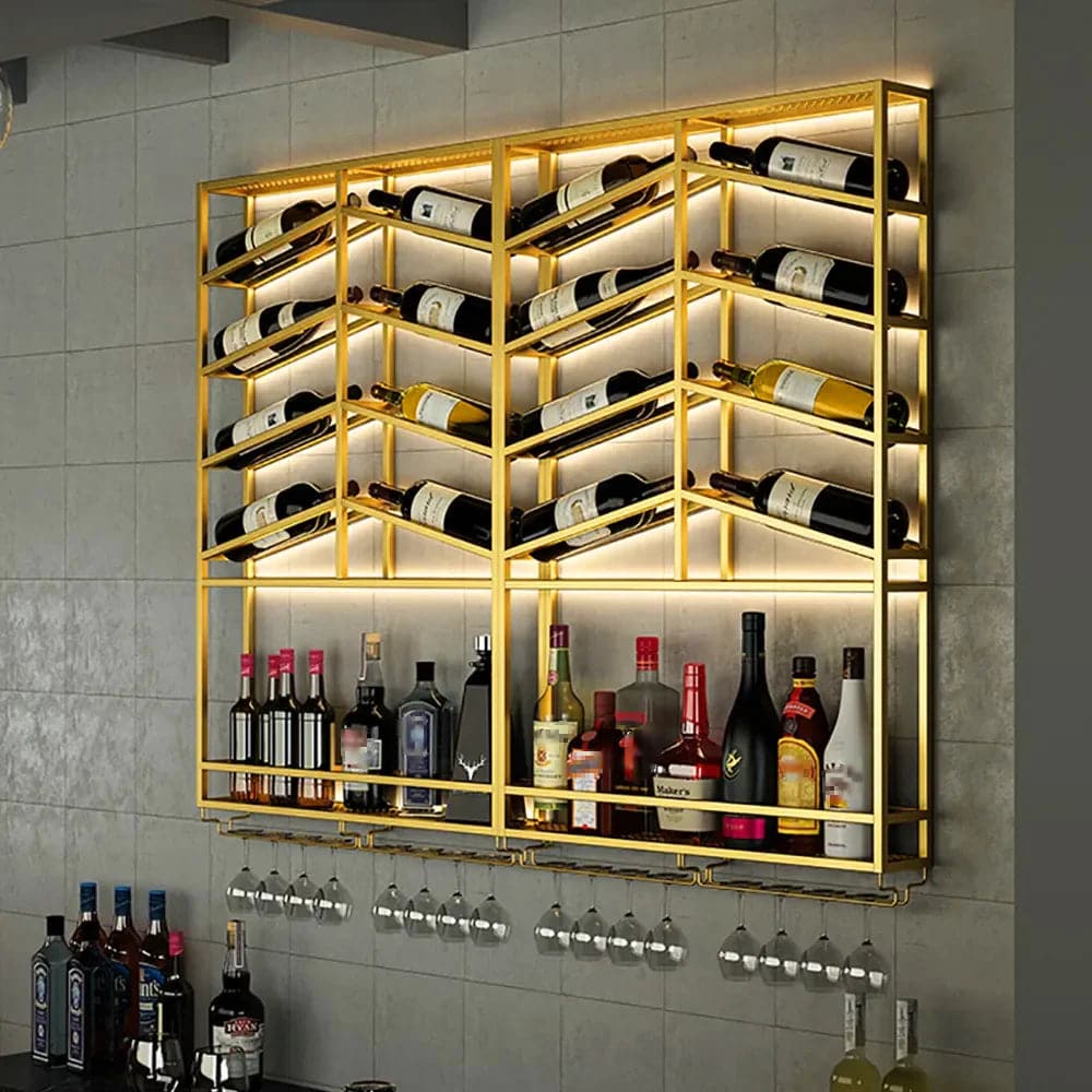 Industrial Wood and Metal Wall Mounted Gold Wine Rack with Glass and Bottle Rack