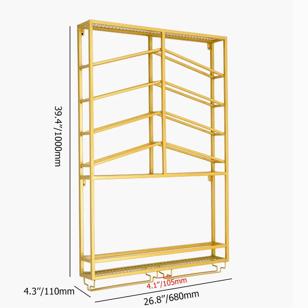 Industrial Wood and Metal Wall Mounted Gold Wine Rack with Glass and Bottle Rack