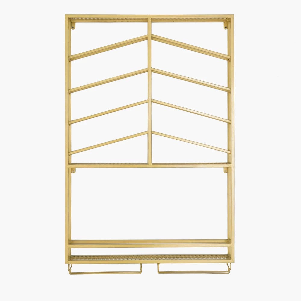 Industrial Wood and Metal Wall Mounted Gold Wine Rack with Glass and Bottle Rack