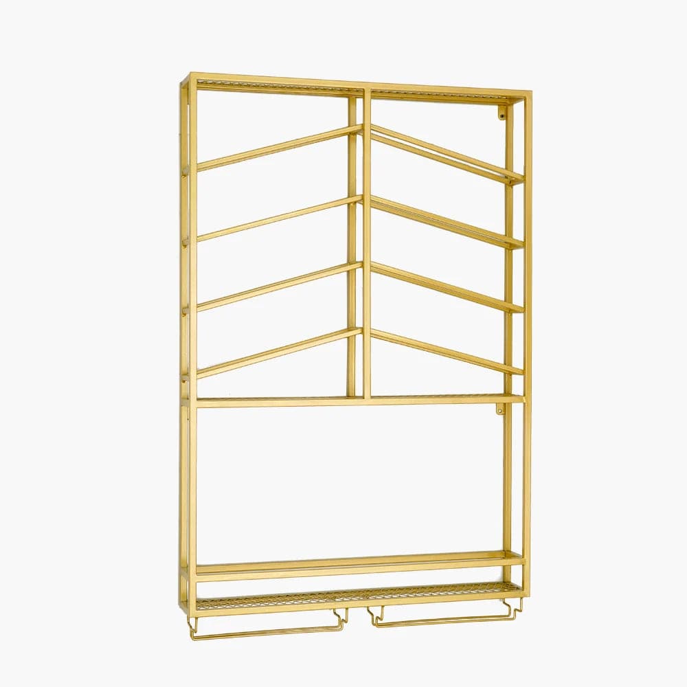 Industrial Wood and Metal Wall Mounted Gold Wine Rack with Glass and Bottle Rack