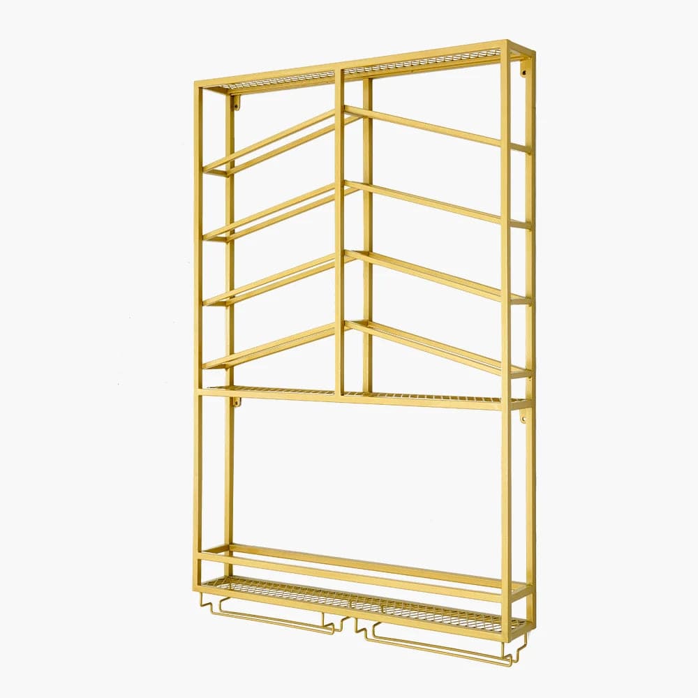 Industrial Wood and Metal Wall Mounted Gold Wine Rack with Glass and Bottle Rack