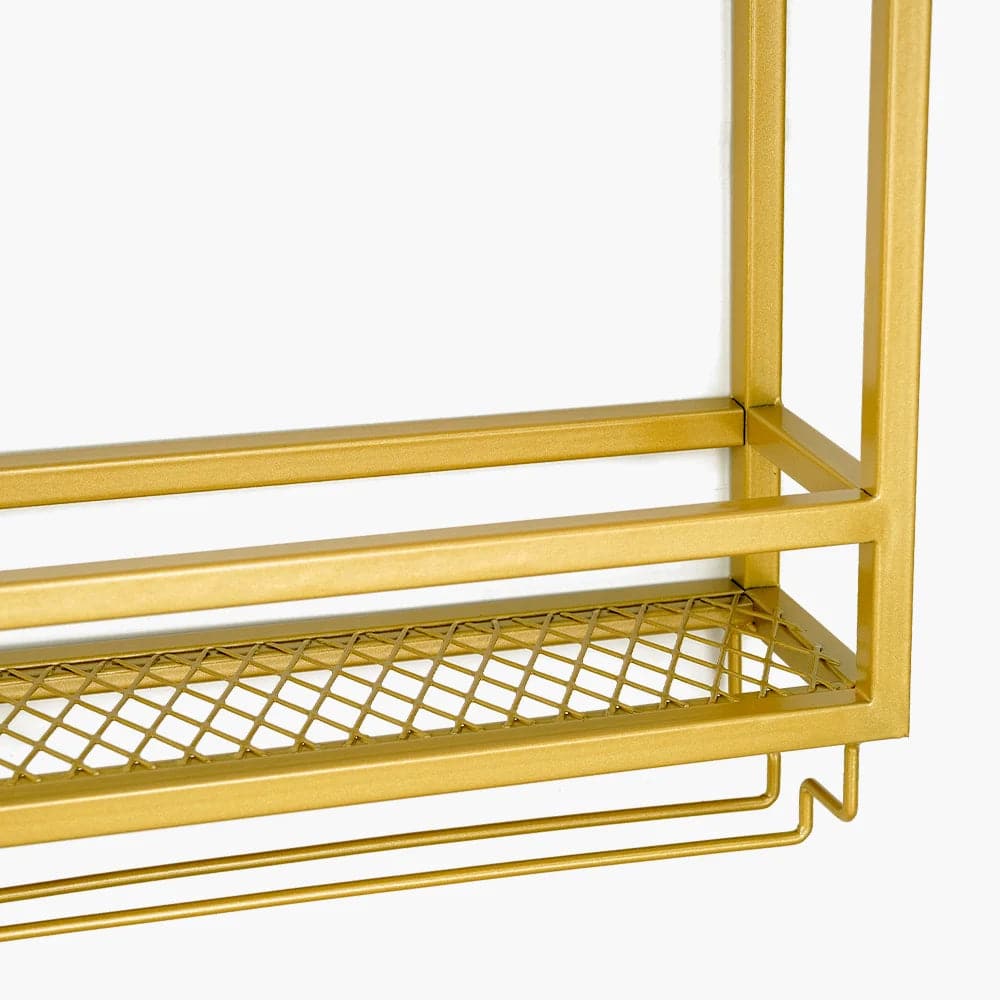 Industrial Wood and Metal Wall Mounted Gold Wine Rack with Glass and Bottle Rack