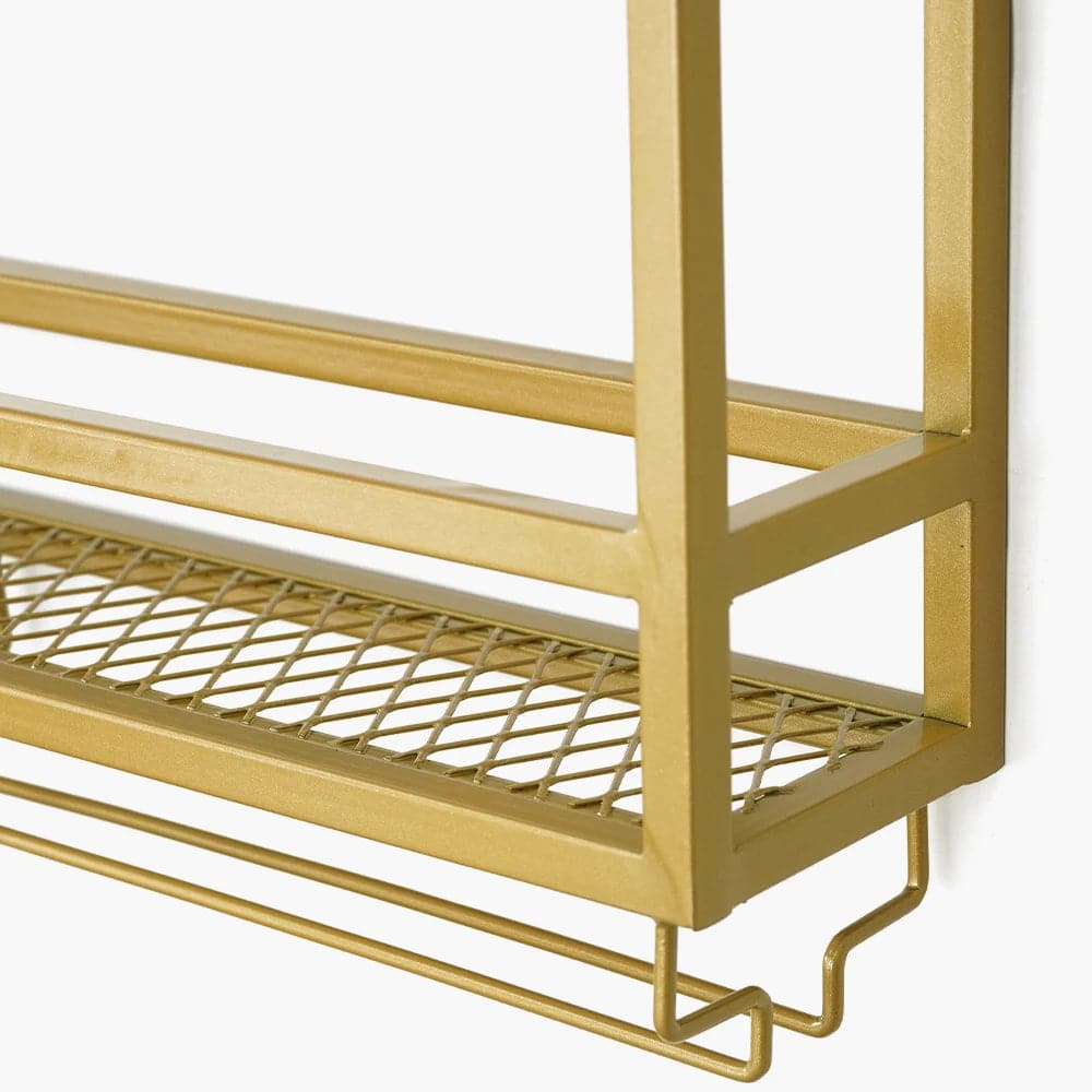 Industrial Wood and Metal Wall Mounted Gold Wine Rack with Glass and Bottle Rack