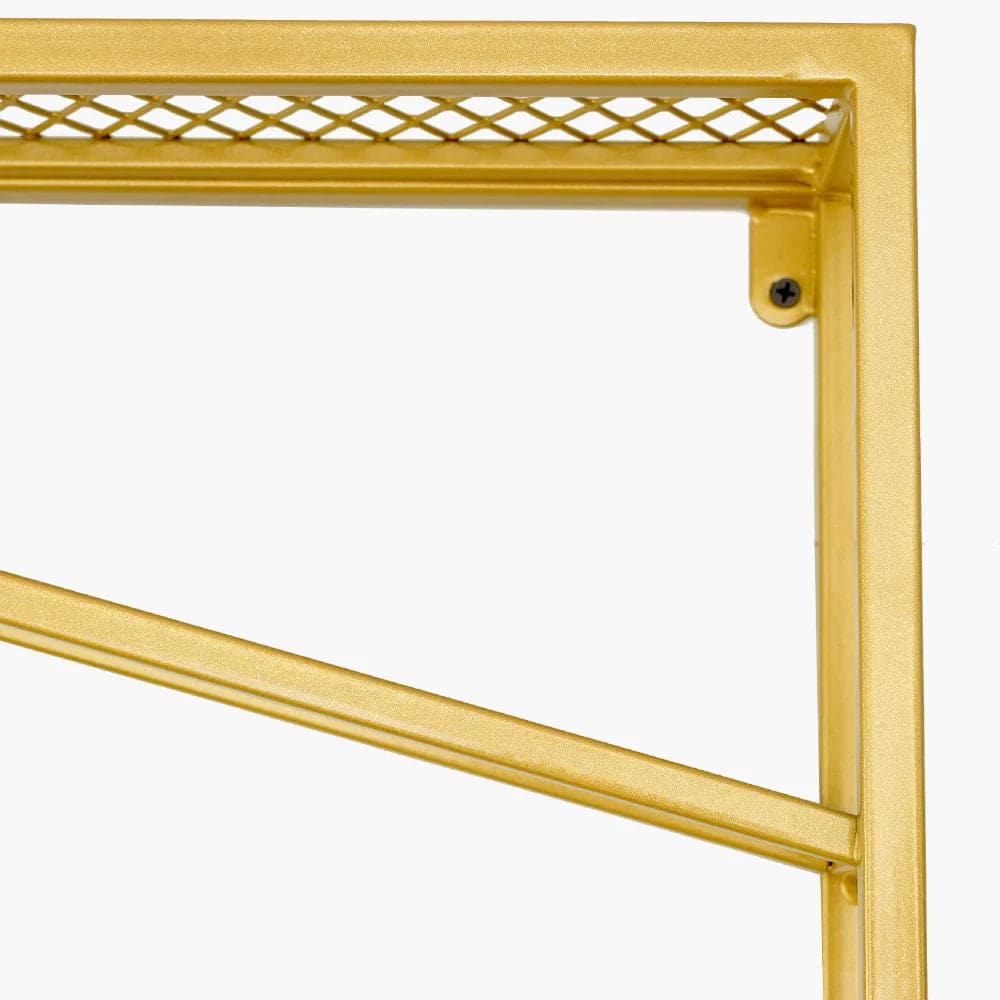 Industrial Wood and Metal Wall Mounted Gold Wine Rack with Glass and Bottle Rack