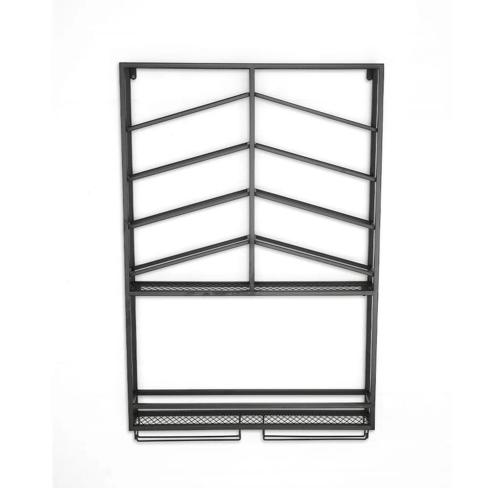 Industrial Wood and Metal Wall Mounted Black Wine Rack with Glass and Bottle Rack