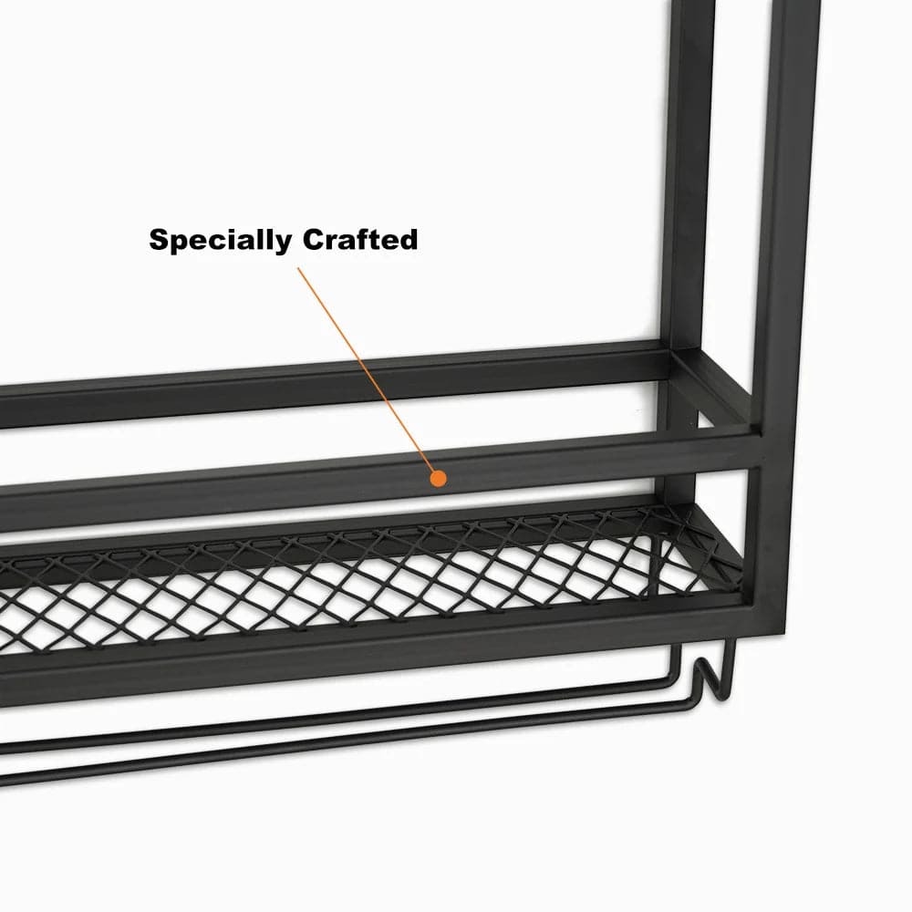 Industrial Wood and Metal Wall Mounted Black Wine Rack with Glass and Bottle Rack