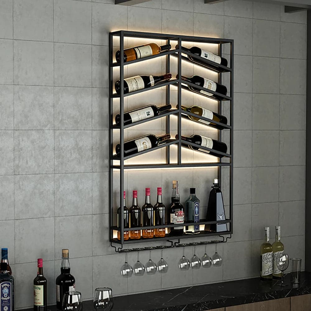 Industrial Wood and Metal Wall Mounted Black Wine Rack with Glass and Bottle Rack