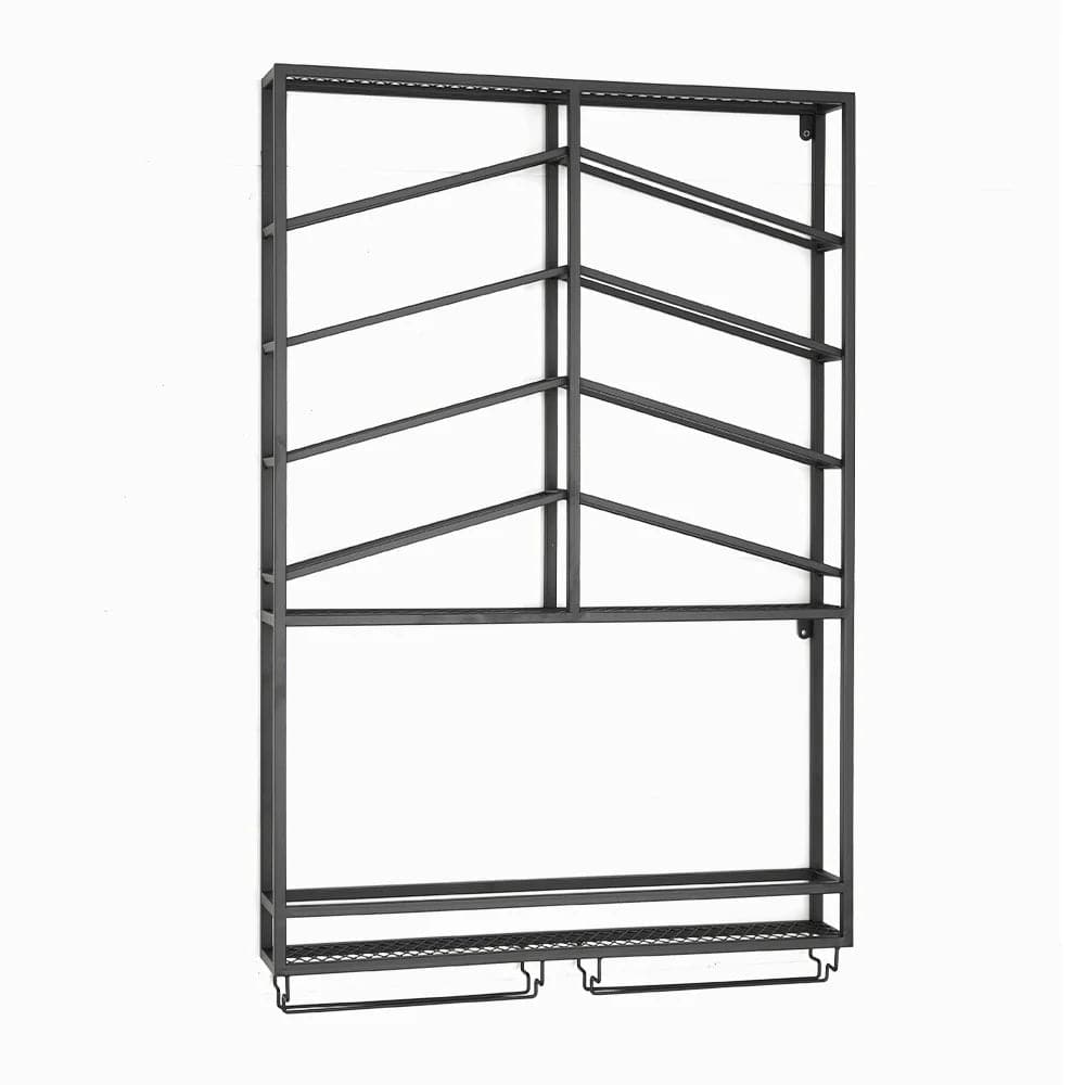 Industrial Wood and Metal Wall Mounted Black Wine Rack with Glass and Bottle Rack