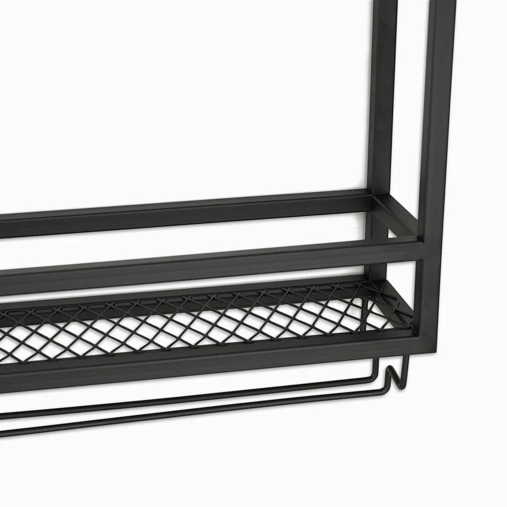 Industrial Wood and Metal Wall Mounted Black Wine Rack with Glass and Bottle Rack