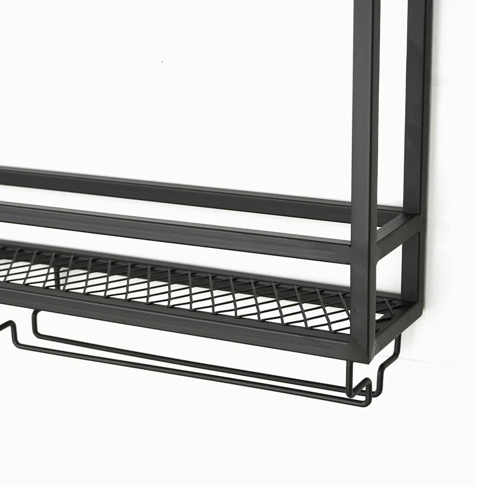 Industrial Wood and Metal Wall Mounted Black Wine Rack with Glass and Bottle Rack