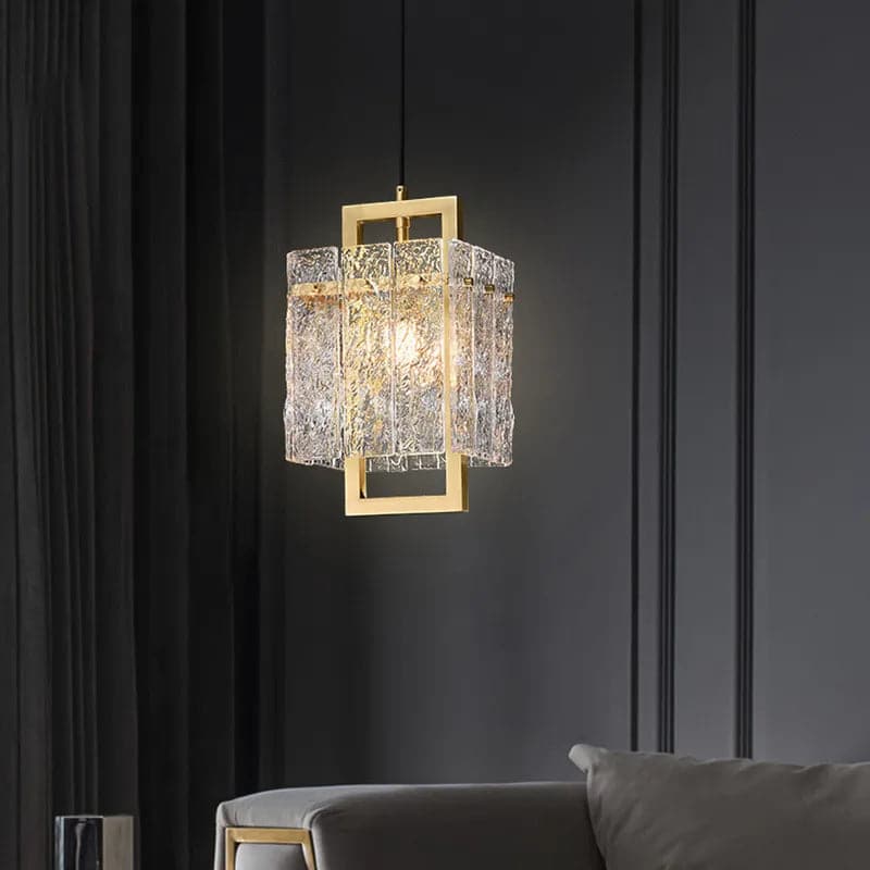 1-Light Brass Geometric Pendant Light with Water-ripple Glass Shade