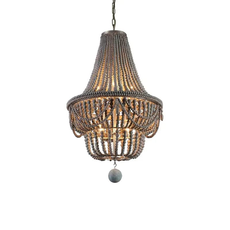 Boho Wood Beaded Chandelier Empire Ceiling Light in Gray & Blue&White