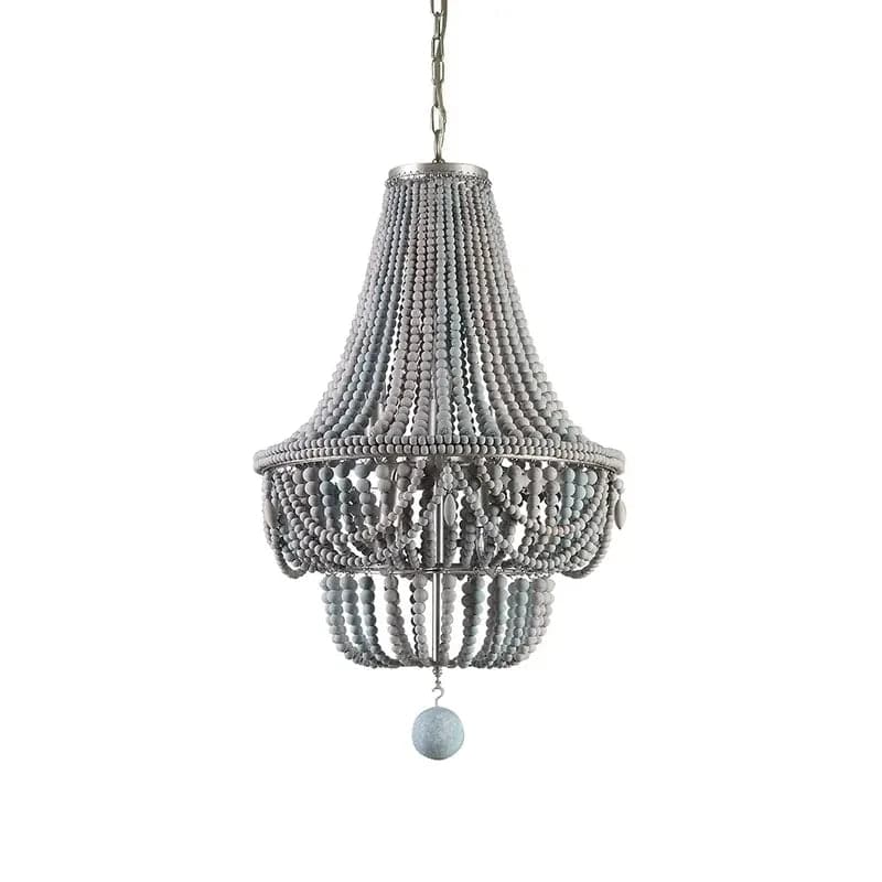 Boho Wood Beaded Chandelier Empire Ceiling Light in Gray & Blue&White
