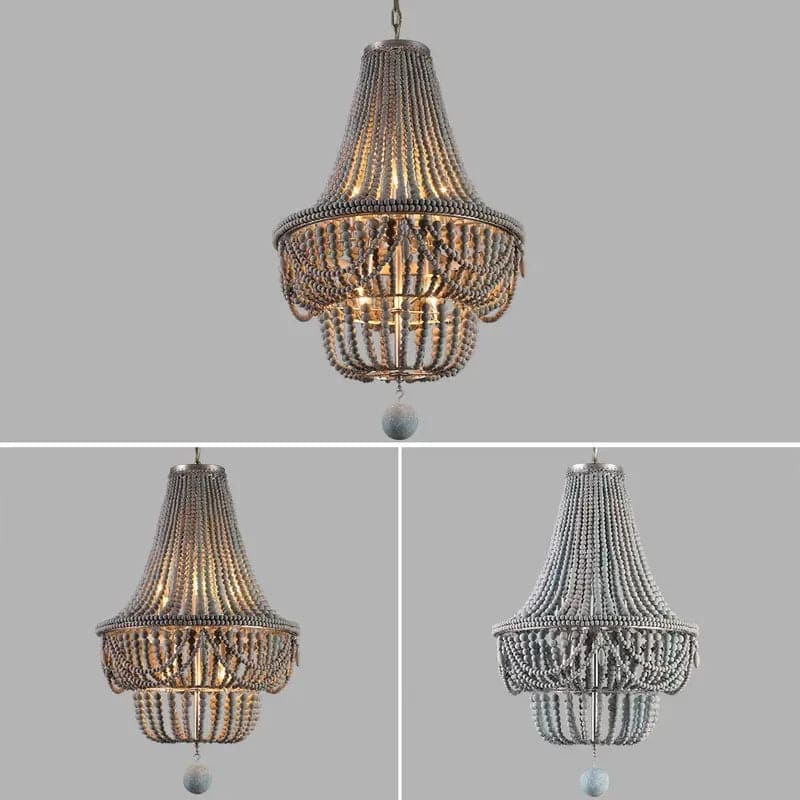Boho Wood Beaded Chandelier Empire Ceiling Light in Gray & Blue&White