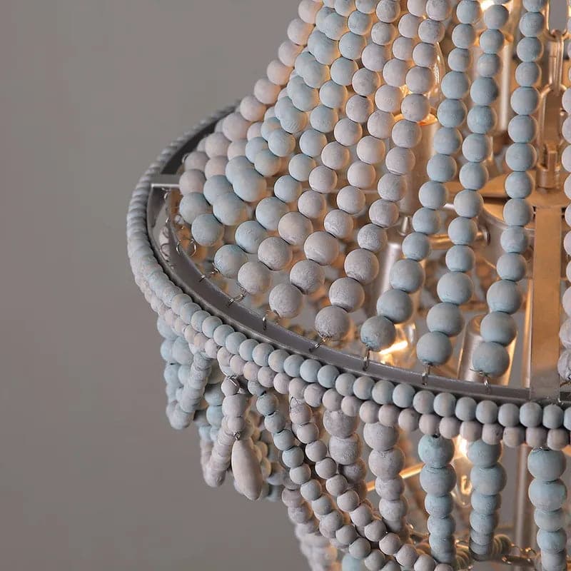 Boho Wood Beaded Chandelier Empire Ceiling Light in Gray & Blue&White