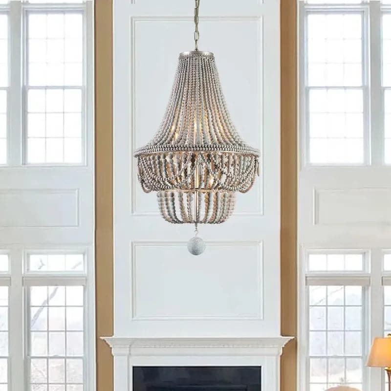 Boho Wood Beaded Chandelier Empire Ceiling Light in Gray & Blue&White