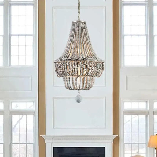 Boho Wood Beaded Chandelier Empire Ceiling Light in Gray & Blue&White
