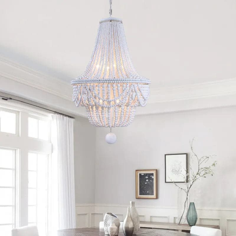 Boho Wood Beaded Chandelier Empire Ceiling Light in Gray & Blue&White